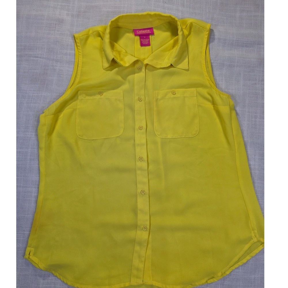 Catherine Catherine Malandrino Yellow Sleeveless Button Down Blouse Top Small